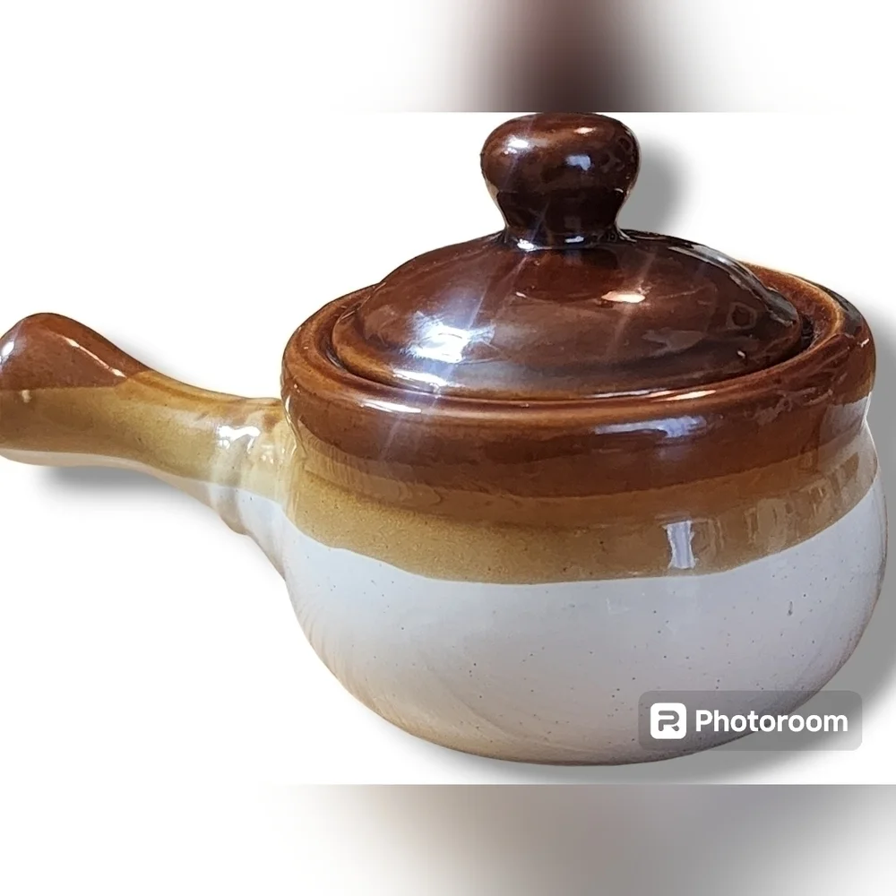 Vintage Brown Drip Stoneware Mini Crock W/ Lid & Handle Set of Two Soup